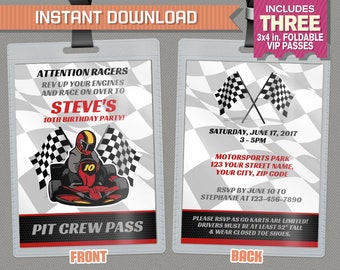 Go Kart Birthday Party VIP Pass Invitations - INSTANT DOWNLOAD - Go Kart Party Vip Pass - Edit and print at home with Adobe Reader!