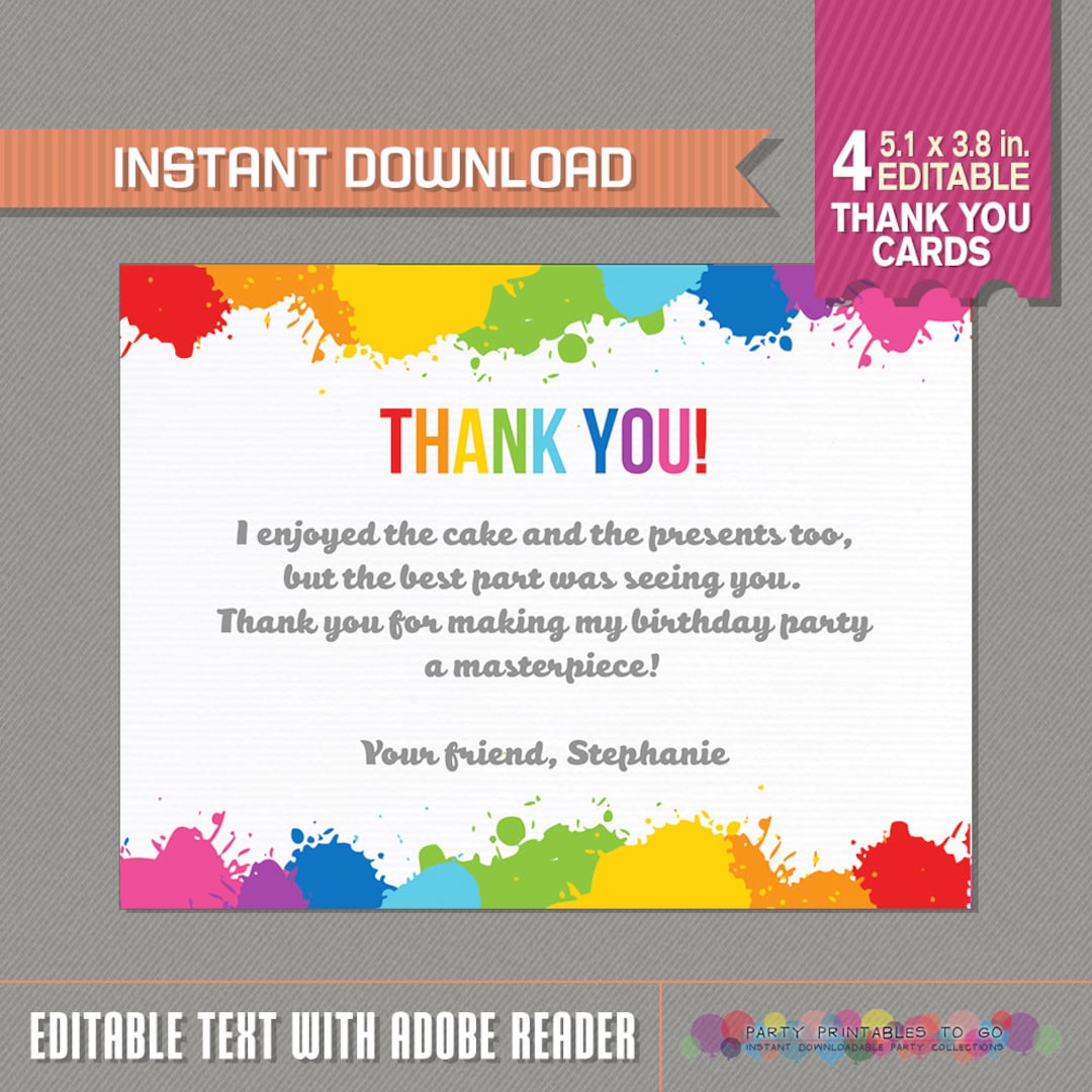 Art Party Thank You Cards Art Birthday Party Art Birthday Instant