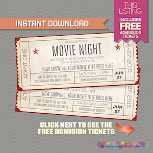 Uitnodiging voor filmavond met GRATIS toegangskaarten! Movie Night Party - Movie Night Verjaardag - Filmticket - Bewerkbaar PDF-bestand