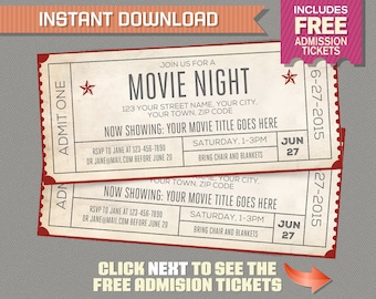 ¡Invitación a una noche de cine con entradas GRATIS! Fiesta de la noche de cine - Cumpleaños de la noche de cine - Entrada de cine - Archivo PDF editable