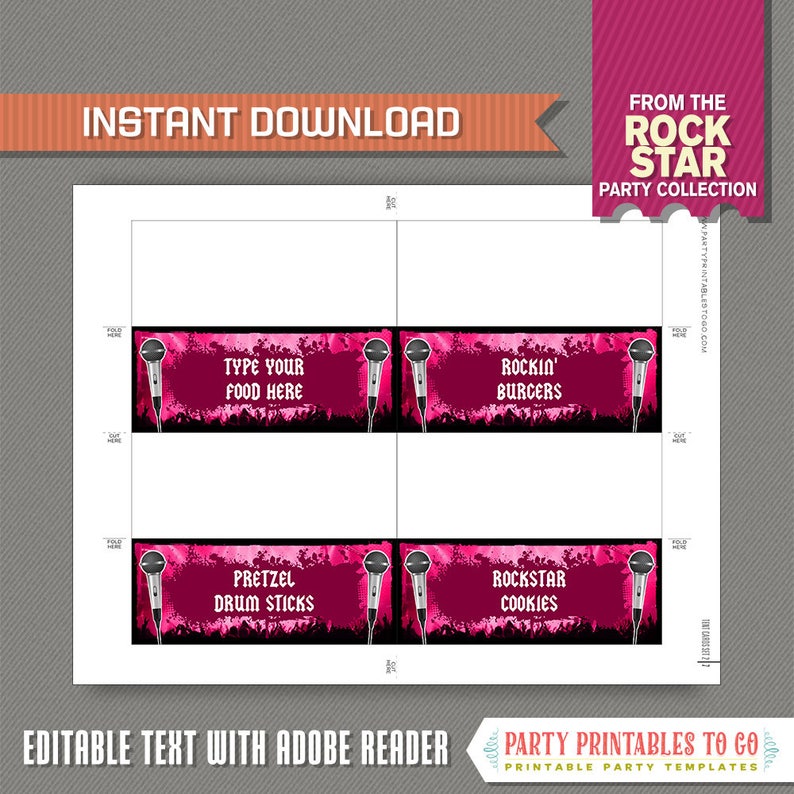 Rockstar Party Food Label / Rockstar Place Cards Pink INSTANT DOWNLOAD Rockstar Birthday Edit and print at home with Adobe Reader image 3
