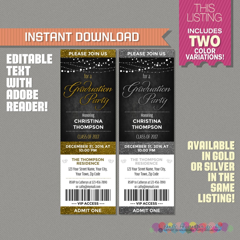 graduation party ticket invitation instant download gold