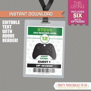 Inserto stampabile Party VIP Pass per videogiochi (verde) - DOWNLOAD IMMEDIATO! Compleanno del videogioco: modifica e stampa a casa con Adobe Reader!