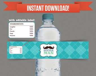 Little Man / Moustache Party Printable Birthday Bottle Labels - Editable PDF file - Print at home