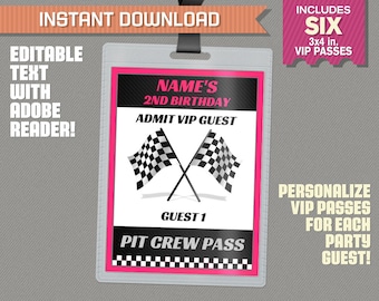 race car party pit crew pass printable insert hot pink etsy