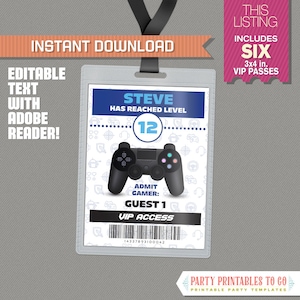 Video Game Party VIP Pass printable Insert (Blue) - INSTANT DOWNLOAD! Video Game Birthday - Edit and print at home with Adobe Reader!
