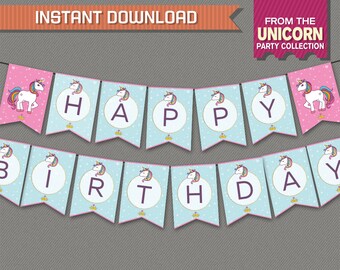 Unicorn Party Printable Birthday Banner with Spacers - Editable PDF file - Print at home - Unicorn Pennant Banner - Unicorn Theme