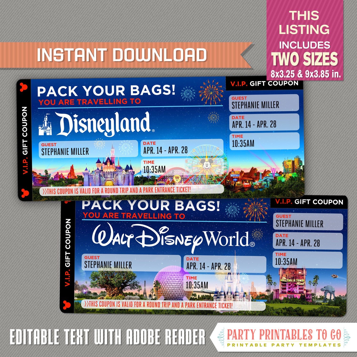 Editable Surprise Trip Ticket to Disneyland / Disneyworld Etsy