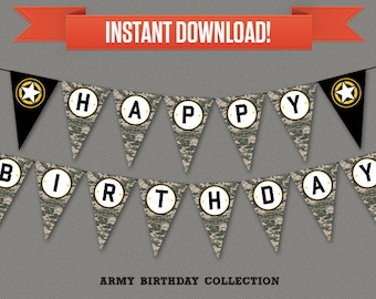 Army Party Printable Birthday Banner with Spacers - Editable PDF file - Print at home
