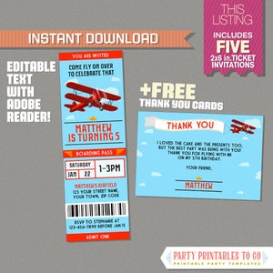 Vintage vliegtuig Party Ticket uitnodiging met GRATIS bedankkaart! - Uitnodiging voor verjaardagsfeestje voor vliegtuig - Bewerken en afdrukken met Adobe Reader