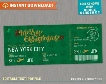 Surprise Trip Merry Christmas Boarding Pass - Ticket Flight - Gift Voucher | Holiday Vacation - Instant Download! - Edit and print at home