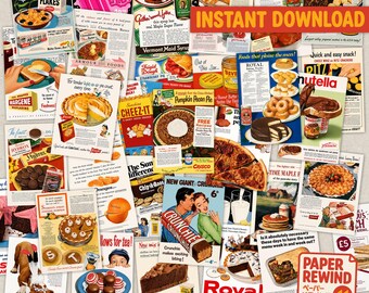Adesivos Vintage de Comida | Anúncios Retrô | Papelaria e Scrapbooking - 50 unidades - DOWNLOAD IMEDIATO