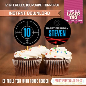 Laser Tag Party Cupcake Toppers - INSTANT DOWLOAD - Laser Tag Circle Labels - Laser Tag Party - Edit and print at home with Adobe Reader