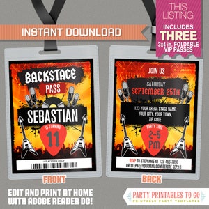 Rockstar Birthday Party VIP Pass Invitations - INSTANT DOWNLOAD - Rock Star Party Vip Pass - Edit and print at home with Adobe Reader