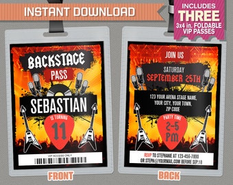 Rockstar Birthday Party VIP Pass Invitations - INSTANT DOWNLOAD - Rock Star Party Vip Pass - Edit and print at home with Adobe Reader