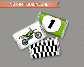 Dirt Bike Party Mini Chocolate Wrappers (Green) - INSTANT DOWNLOAD - Motocross Birthday - Edit and print at home with Adobe Reader