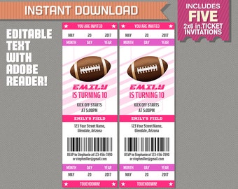 Football Ticket Invitation (Hot Pink) - INSTANT DOWNLOAD - Football Party Invitation - Edit and print with Adobe Reader