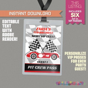 Race Car Party Pit Crew Pass druckbare Einlage - Race Car Birthday, Race Car Party Vip Pass - Bearbeiten und drucken Sie zu Hause mit dem Adobe Reader!