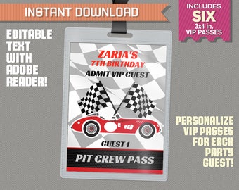 Race Car Party Pit Crew Pass printable Insert - Race Car Birthday, Race Car Party Vip Pass - Edit and print at home with Adobe Reader!