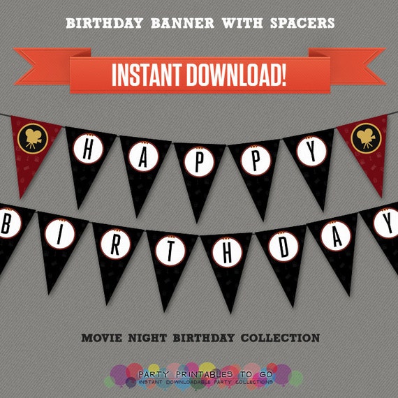 Movie Night Party Printable Birthday Banner with Spacers - Editable PDF file - Print at home Il_570xn