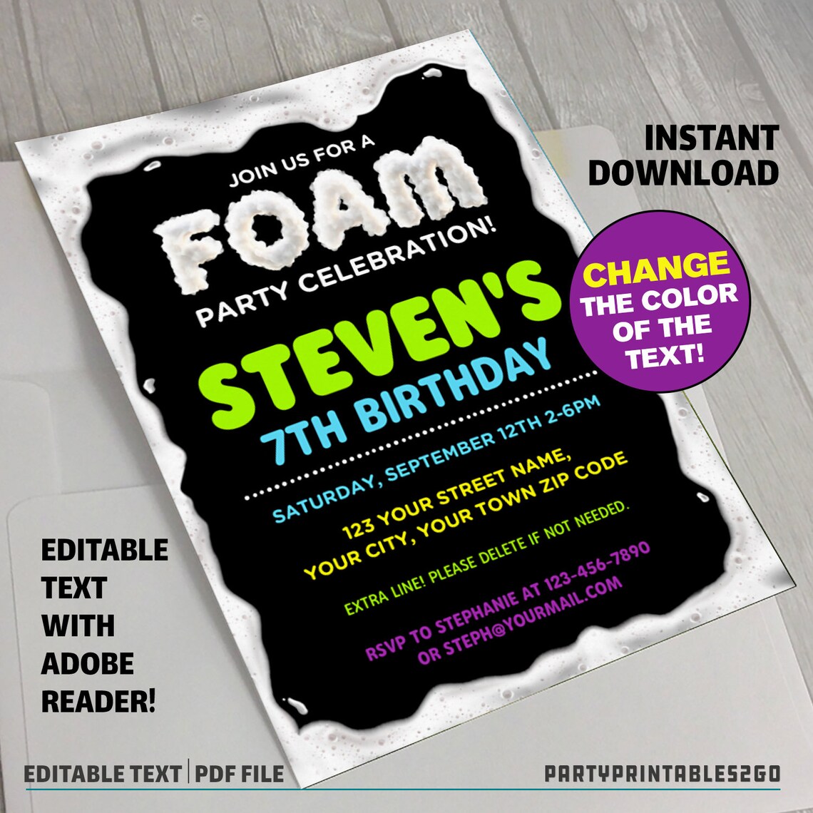 Foam Party Invitation INSTANT DOWNLOAD Foam Birthday Etsy