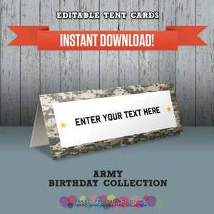 Army Party - Camo Party Printable Tent Cards / Place Cards / Food Labels - Editable PDF file - Print at home