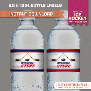 Ice Hockey Party Printable Birthday Bottle Labels / Napkin Rings - Ice Hockey Birthday - INSTANT DOWNLOAD - Edit and print at home