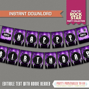 Rockstar Party afdrukbare verjaardagsbanner met afstandhouders (paars) - bewerkbaar PDF-bestand - thuis afdrukken - Roickstar verjaardag - Rockstar Banner