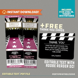 Uitnodiging voor een Red Carpet Party Ticket met GRATIS bedankkaart! (Roze en goud) - INSTANT DOWNLOAD - Thuis bewerken en afdrukken met Adobe Reader
