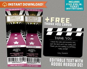 Red Carpet Party Ticket Invitation with FREE Thank you Card! (Pink and Gold) - INSTANT DOWLOAD - Edit and print at home with Adobe Reader