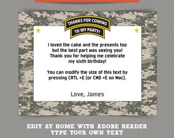 Army Party printable Thank you Cards - Editable PDF file - Print at home