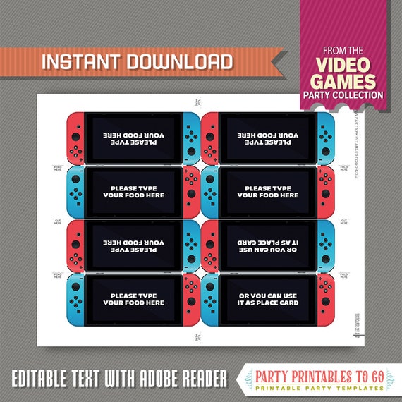 Video Game Party Food Label / Video Game Party Place Cards (Red) INSTANT DOWNLOAD - Edit and print with Adobe Reader