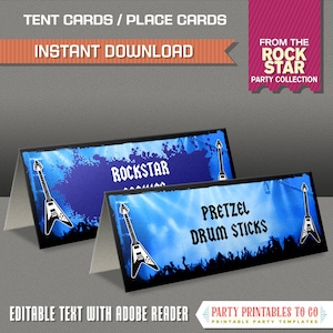 Rockstar Party Food Label / Rockstar Place Cards (Blauw) - INSTANT DOWNLOAD- Rockstar Birthday - Thuis bewerken en afdrukken met Adobe Reader