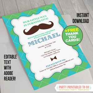 Little Man Einladung mit GRATIS Dankeskarte! Schnurrbart Geburtstagseinladung, Moustache Bash Invite, Hipster Boy Einladung - Print at Home
