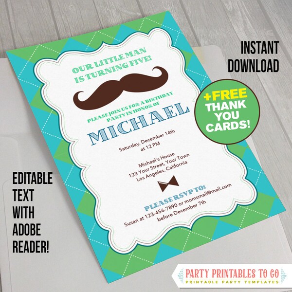 Little Man Invitation with FREE Thank you Card! Mustache Birthday Invitation, Mustache Bash Invite, Hipster Boy Invitation - Print at Home