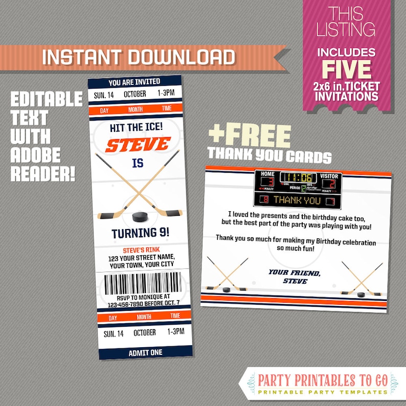 Ice Hockey Ticket Invitation With Free Thank You Card Ice Etsy