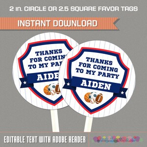 Sports Party Favor Tags - All Star Party Thank You Tags - INSTANT DOWNLOAD - Edit and print at home with Adobe Reader - All Star Birthday
