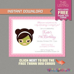 Spa Party Invitation with FREE Thank you Card! - Spa Birthday Party - Spa Invitation - Editable PDF file - Print at home
