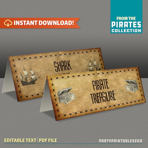 Pirate Party Printable Tent Cards / Place Cards / Food Labels - Instant Download - Editable PDF file - Print at home - Pirate Birthday Decor