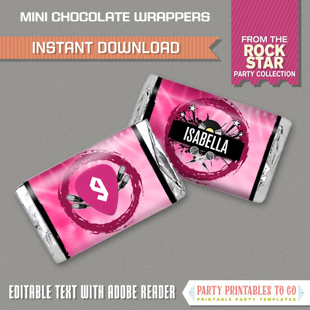 Rockstar Party Mini Chocolate Wrappers - INSTANT DOWNLOAD - Rockstar Birthday - Rockstar Wrappers - Edit and print at home with Adobe Reader