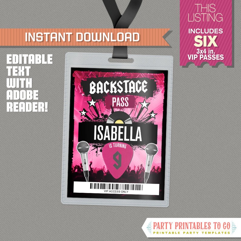 Rockstar Party Backstage Pass printable Insert Rockstar Birthday VIP Pass INSTANT DOWNLOAD Edit and print at home with Adobe Reader image 1