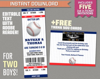 Baseball Ticket Invitation with FREE Thank you Card! (two boys) - Baseball Birthday - Baseball Party - Edit and print with Adobe Reader