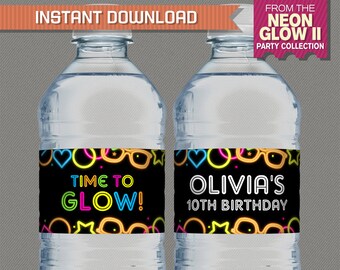 Neon Glow II Party  Bottle Labels, Neon Glow Party Napkin Rings - INSTANT DOWLOAD - Glow in the Dark - Edit and print with Adobe Reader Dc