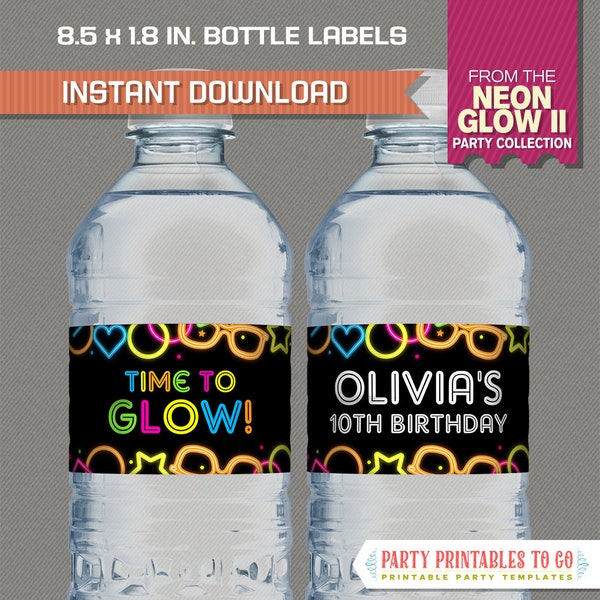 Neon Glow II Party Bottle Labels, Neon Glow Party Napkin Rings - INSTANT DOWLOAD - Glow in the Dark - Modifier et imprimer avec Adobe Reader Dc