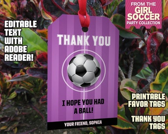 Girl Soccer Party Favor Tag / Girl Soccer Thank you Tag - Girl Soccer Birthday - Girl Soccer Party - Edit & print at home with Adobe Reader