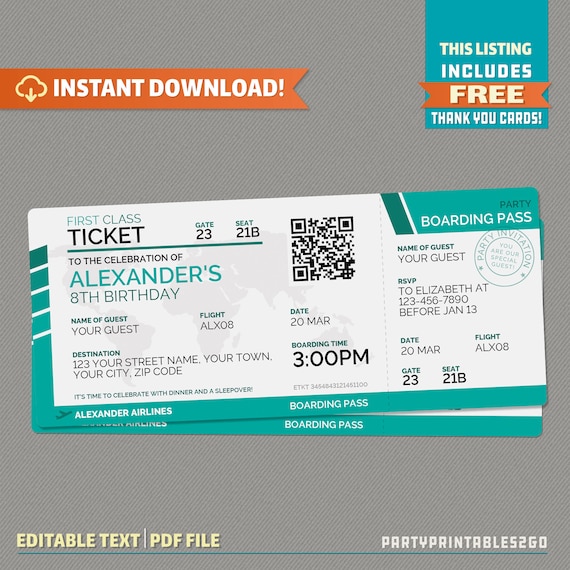 Airplane Boarding Pass with FREE Thank You Card - Sleepover Invitation (Teal) - INSTANT DOWNLOAD - Airplane Birthday - Edit at home Il_570xn
