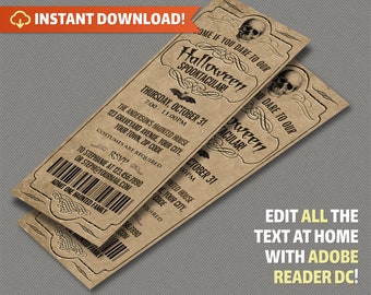 Halloween Party Ticket Invitation - INSTANT DOWNLOAD - Edit and print with Adobe Reader