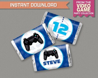 Video Game Party Mini Chocolate Wrappers (Blue) - INSTANT DOWNLOAD - Video Game Wrappers - Edit and print at home with Adobe Reader
