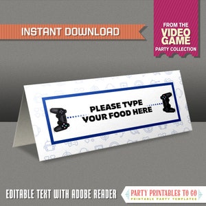 Videospiel Party Food Label / Videospiel Party Tischkarten (Blau) SOFORTIGER DOWNLOAD - Bearbeiten und drucken Sie zu Hause - Videospiel-Zeltkarten