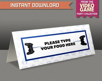 Video Game Party Food Label / Video Game Party Place Cards (Blue) INSTANT DOWNLOAD - Edit and print at home - Video Game Tent Cards